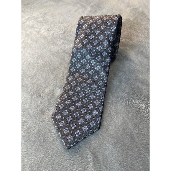 David Donahue Mens Necktie Silk Gray Blue Pink Floral Handmade Italy USA - Picture 1 of 9